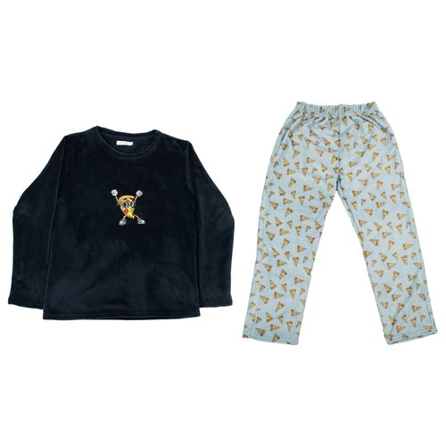 PIJAMA CONJUNTO MANGA LARGA PANTALÓN  POLAR PIZZA AZUL