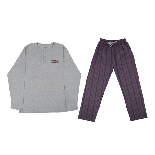 PIJAMA CONUNTO MANGA LARGA PANTALÓN  VINCHA CUADROS GRIS