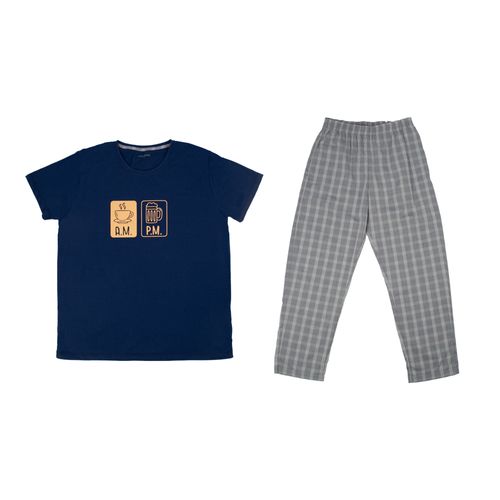 PIJAMA CONJUNTO MANGA CORTA PANTALÓN  ESTAMPADO CUADROS AZUL