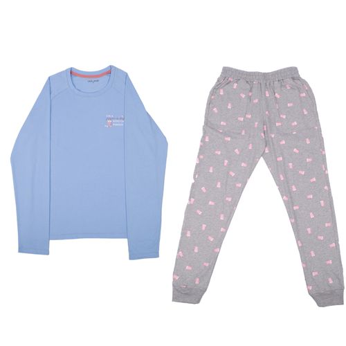 PIJAMA CANGUIL POP CORN CONJUNTO MANGA LARGA PANTALÓN  CELESTE PACK X2