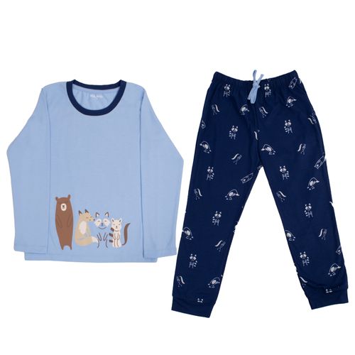 PIJAMA CONJUNTO MANGA LARGA PANTALÓN  ANIMALES CELESTE