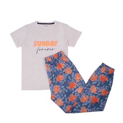 PIJAMA CONJUNTO MANGA CORTA, PANTALÓN  FLORES GRIS