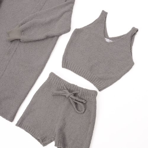CONJUNTO CARDIGAN, TOP, SHORT TOALLA GRIS