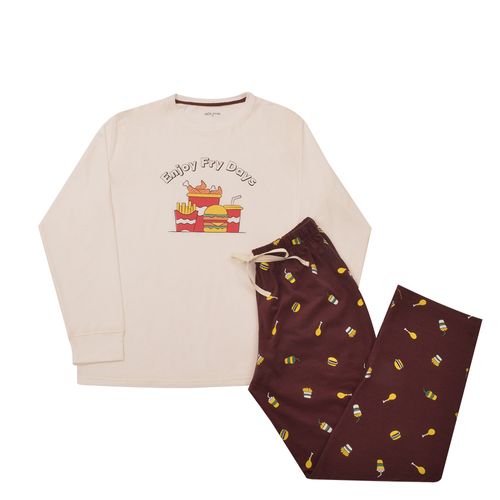 PIJAMA CONJUNTO MANGA LARGA CRUDO + PANTALON ENJOY VINO