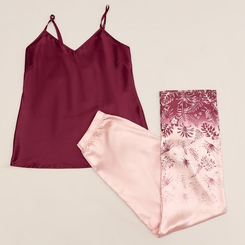 PIJAMA SEDA SAN VALENTÍN CONJUNTO MANGA CORTA+PANTALON VINO
