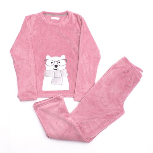 PIJAMA CONJUNTO MANGA LARGA + PANTALÓN POLAR OSO LENTES ROSA