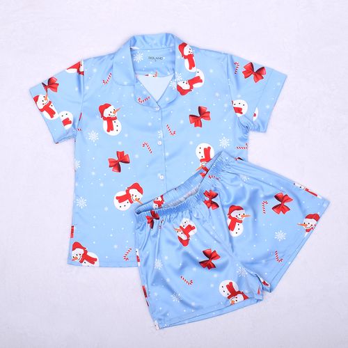PIJAMA CONJUNTO MANGA CORTA, SHORT NAVIDAD SEDA CELESTE