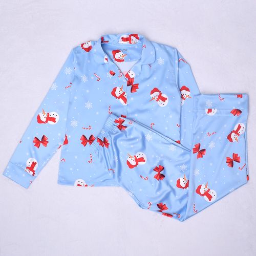PIJAMA CONJUNTO MANGA LARGA, PANTALÓN NAVIDAD SEDA CELESTE