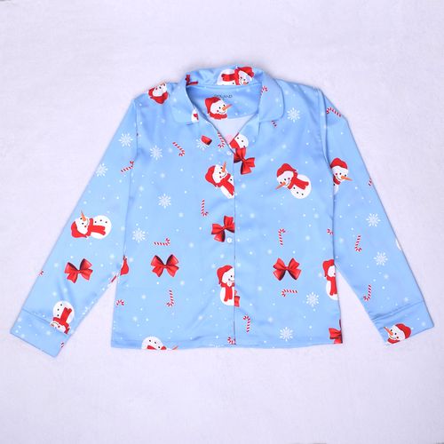 PIJAMA CONJUNTO MANGA LARGA, PANTALÓN NAVIDAD SEDA CELESTE