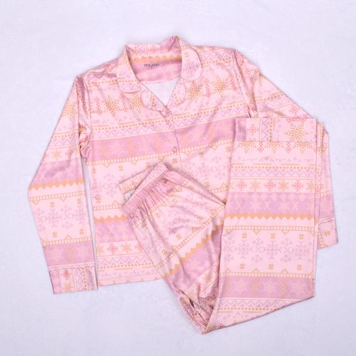 PIJAMA CONJUNTO MANGA LARGA, PANTALÓN NAVIDAD SEDA ROSADO