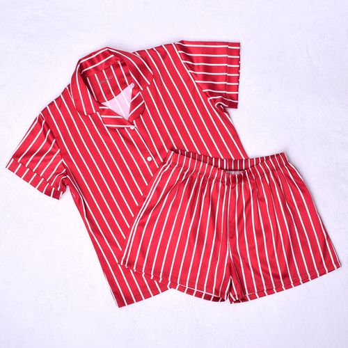 PIJAMA CONJUNTO MANGA CORTA, SHORT NAVIDAD SEDA ROJO