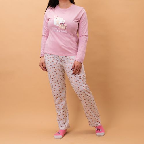 PIJAMA CONJUNTO MANGA LARGA, PANTALÓN NAVIDAD ROSA