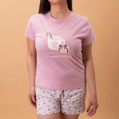 PIJAMA CONJUNTO MANGA CORTA, SHORT NAVIDAD ROSA