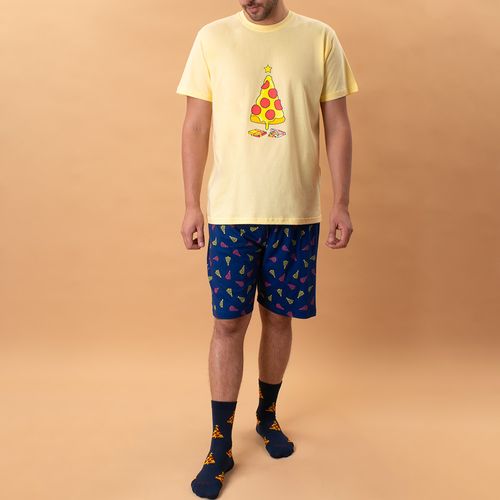 PIJAMA CONJUNTO MANGA CORTA, SHORT NAVIDAD COLORS AMARILLO