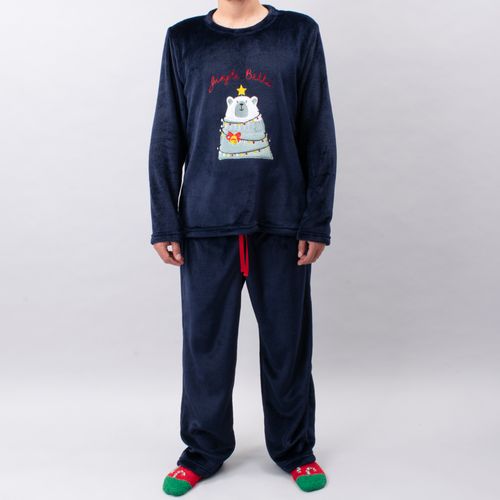 PIJAMA CONJUNTO MANGA LARGA, PANTALÓN POLAR NAVIDAD OSO AZUL MARINO