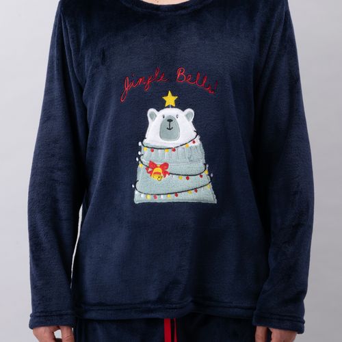 PIJAMA CONJUNTO MANGA LARGA, PANTALÓN POLAR NAVIDAD OSO AZUL MARINO