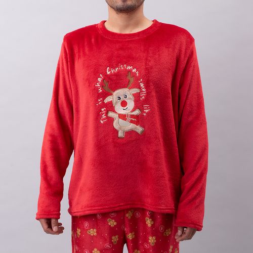 PIJAMA CONJUNTO MANGA LARGA, PANTALÓN POLAR NAVIDAD RENO ROJO