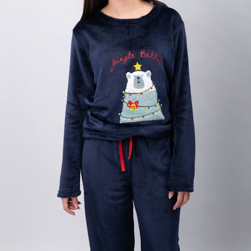 PIJAMA CONJUNTO MANGA LARGA, PANTALÓN POLAR NAVIDAD OSO AZUL MARINO