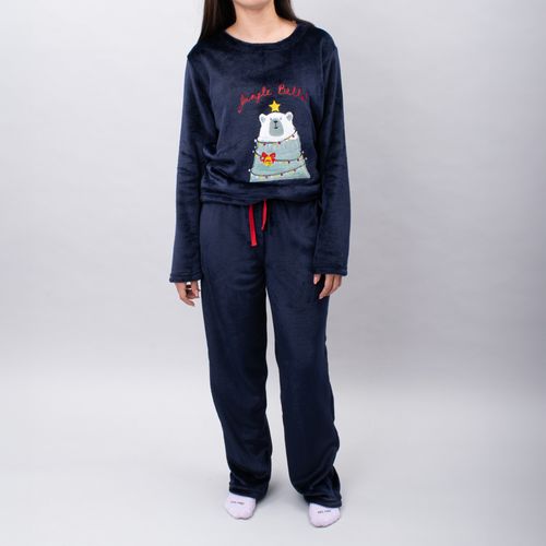PIJAMA CONJUNTO MANGA LARGA, PANTALÓN POLAR NAVIDAD OSO AZUL MARINO