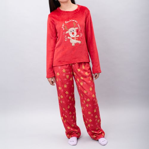 PIJAMA CONJUNTO MANGA LARGA, PANTALÓN POLAR NAVIDAD RENO ROJO