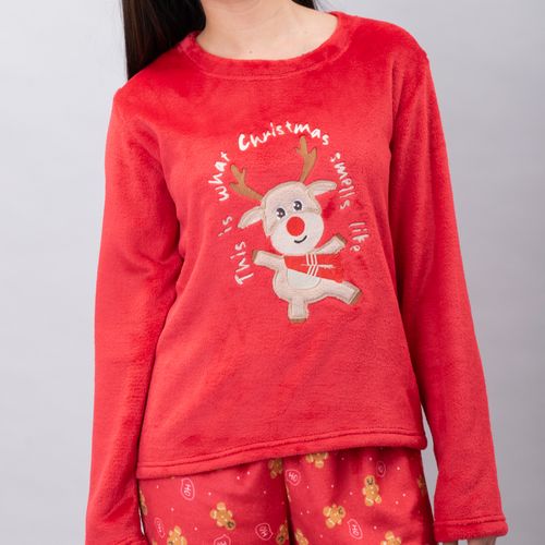PIJAMA CONJUNTO MANGA LARGA, PANTALÓN POLAR NAVIDAD RENO ROJO