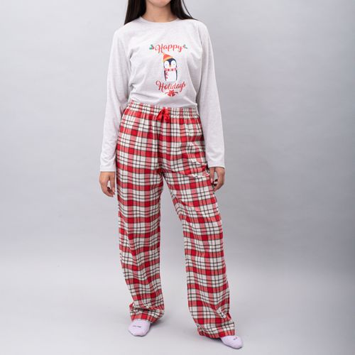 PIJAMA CONJUNTO MANGA LARGA, PANTALÓN PINGÜINO NAVIDAD CRUDO