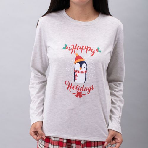 PIJAMA CONJUNTO MANGA LARGA, PANTALÓN PINGÜINO NAVIDAD CRUDO