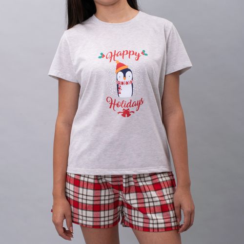PIJAMA CONJUNTO MANGA CORTA, SHORT PINGÜINO NAVIDAD CRUDO