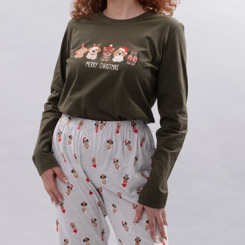 PIJAMA CONJUNTO MANGA LARGA, PANTALÓN PERRITOS NAVIDAD VERDE