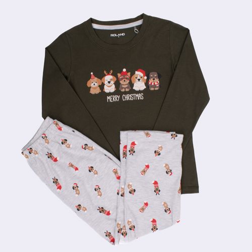 PIJAMA CONJUNTO MANGA LARGA, PANTALÓN PERRITOS NAVIDAD VERDE