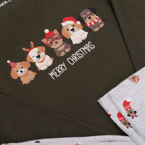 PIJAMA CONJUNTO MANGA LARGA, PANTALÓN PERRITOS NAVIDAD VERDE