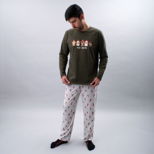 PIJAMA CONJUNTO MANGA LARGA, PANTALÓN PERRITOS NAVIDAD VERDE