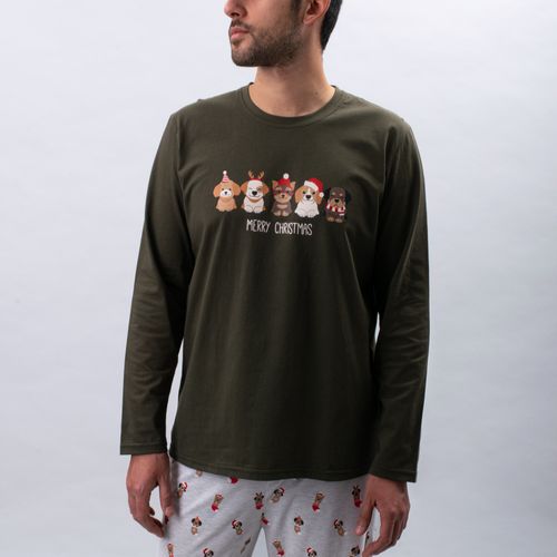 PIJAMA CONJUNTO MANGA LARGA, PANTALÓN PERRITOS NAVIDAD VERDE