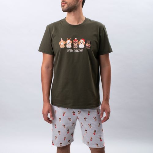 PIJAMA CONJUNTO MANGA CORTA, SHORT PERRITOS NAVIDAD VERDE
