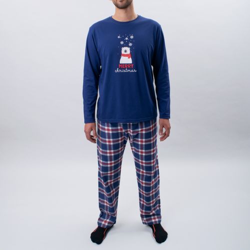 PIJAMA CONJUNTO MANGA LARGA, PANTALÓN NAVIDAD OSOS AZUL