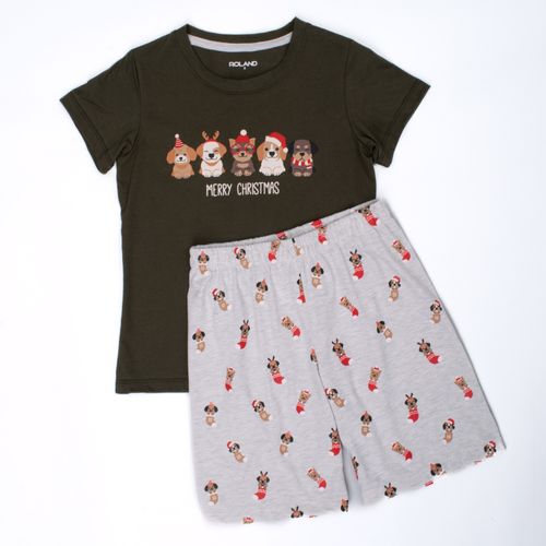 PIJAMA CONJUNTO MANGA CORTA, SHORT PERRITOS NAVIDAD VERDE