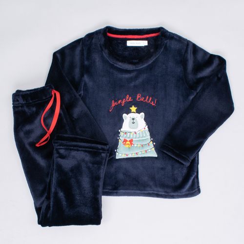 PIJAMA CONJUNTO MANGA LARGA, PANTALÓN POLAR NAVIDAD OSO AZUL MARINO