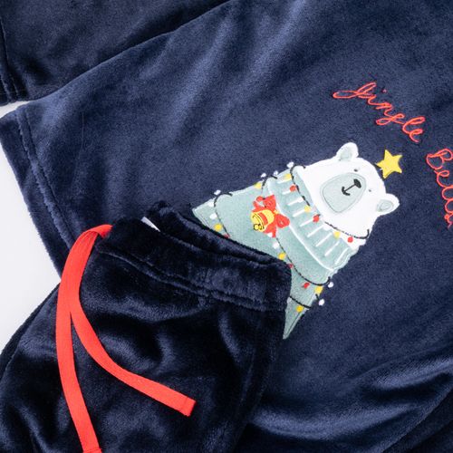 PIJAMA CONJUNTO MANGA LARGA, PANTALÓN POLAR NAVIDAD OSO AZUL MARINO
