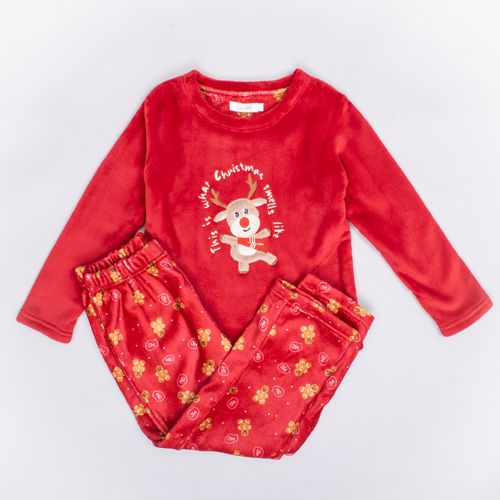 PIJAMA CONJUNTO MANGA LARGA, PANTALÓN POLAR NAVIDAD RENO ROJO