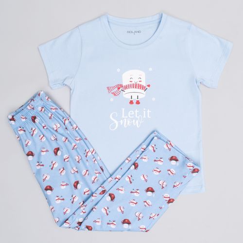 PIJAMA CONJUNTO MANGA CORTA, PANTALÓN NAVIDAD CELESTE