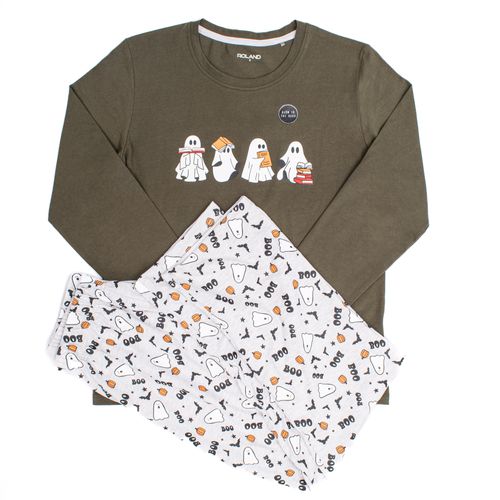 PIJAMA CONJUNTO MANGA LARGA, PANTALÓN HALLOWEEN VERDE
