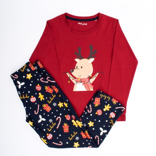 PIJAMA CONJUNTO MANGA LARGA, PANTALÓN RENO NAVIDAD ROJO