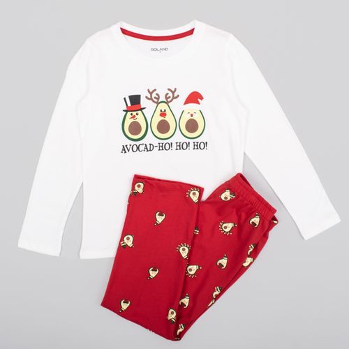 PIJAMA CONJUNTO MANGA LARGA, PANTALÓN AVOCADO NAVIDAD CRUDO