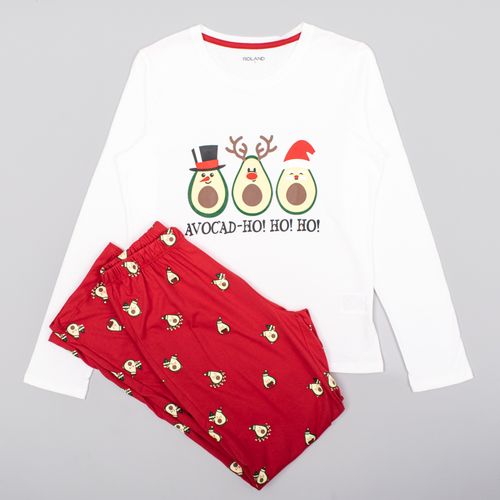 PIJAMA CONJUNTO MANGA LARGA, PANTALÓN AVOCADO NAVIDAD CRUDO