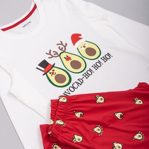 PIJAMA CONJUNTO MANGA LARGA, PANTALÓN AVOCADO NAVIDAD CRUDO