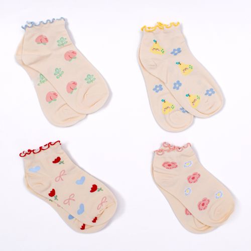 MEDIAS CASUAL DAMA CAÑA TOBILLERA LISA CON PICOT FRUTAS Y FLORES SURTIDO PACK X1
