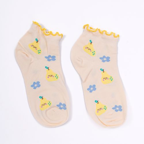MEDIAS CASUAL DAMA CAÑA TOBILLERA LISA CON PICOT FRUTAS Y FLORES SURTIDO PACK X1