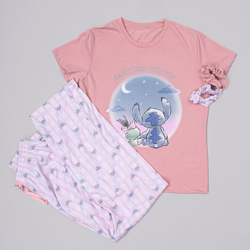 PIJAMA CONJUNTO MANGA CORTA + PANTALON STITCH ROSADO