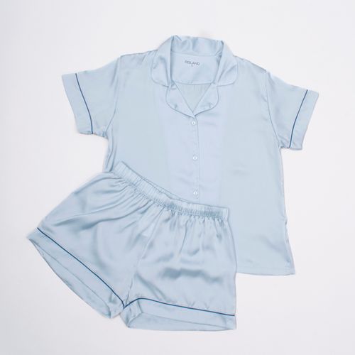 PIJAMA CONJUNTO MANGA CORTA + SHORT SEDA CELESTE