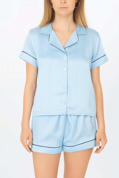 PIJAMA CONJUNTO MANGA CORTA + SHORT SEDA CELESTE